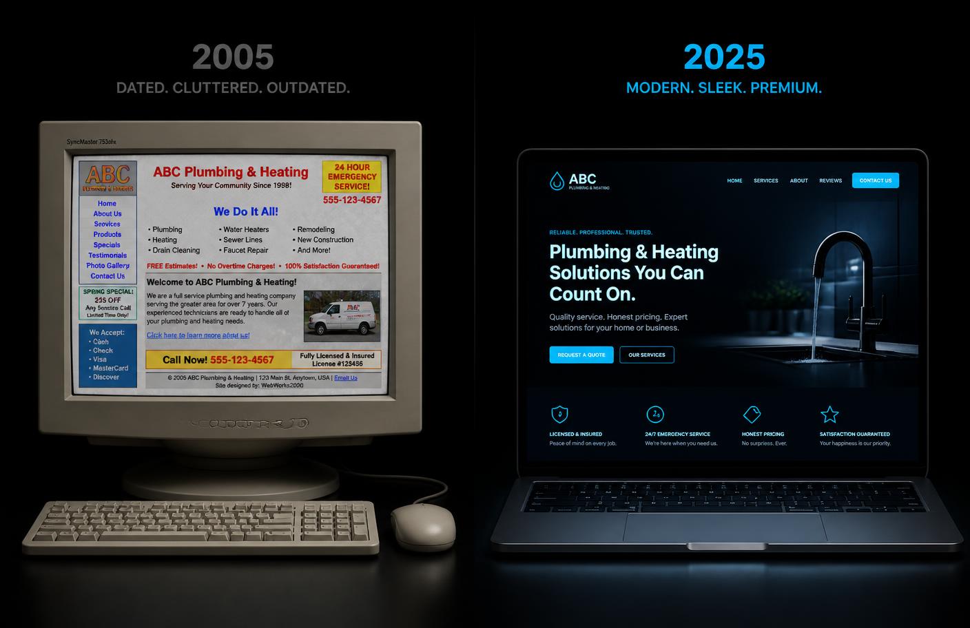 Before and after: an outdated small business website transformed into a modern Forel website