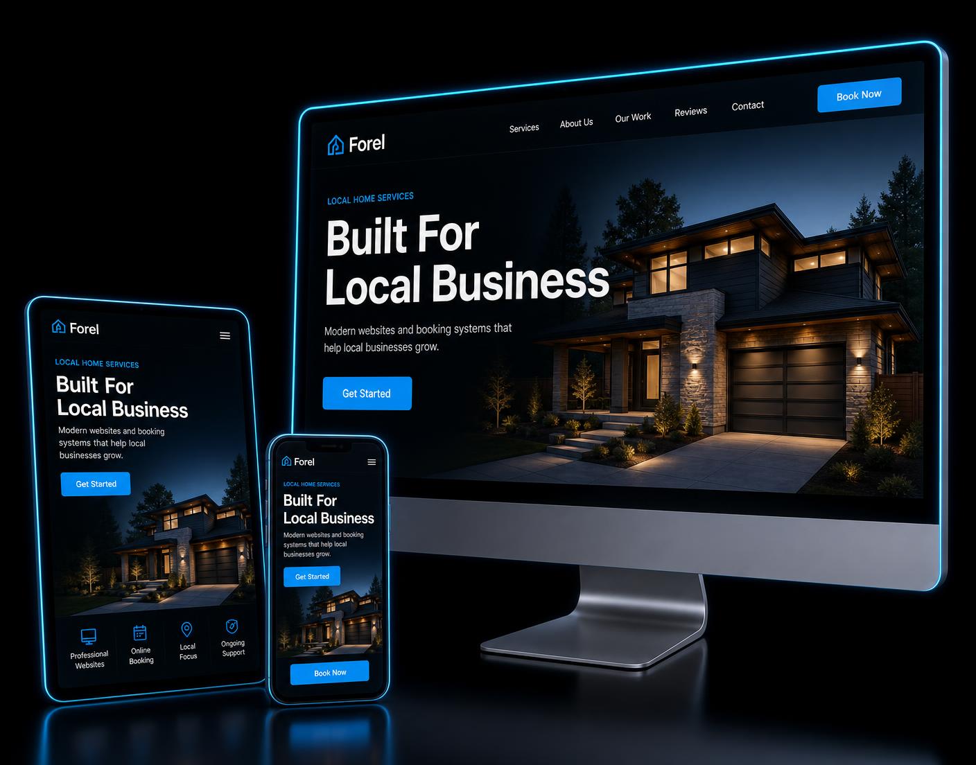 A modern Forel-built website shown on a desktop, tablet, and phone